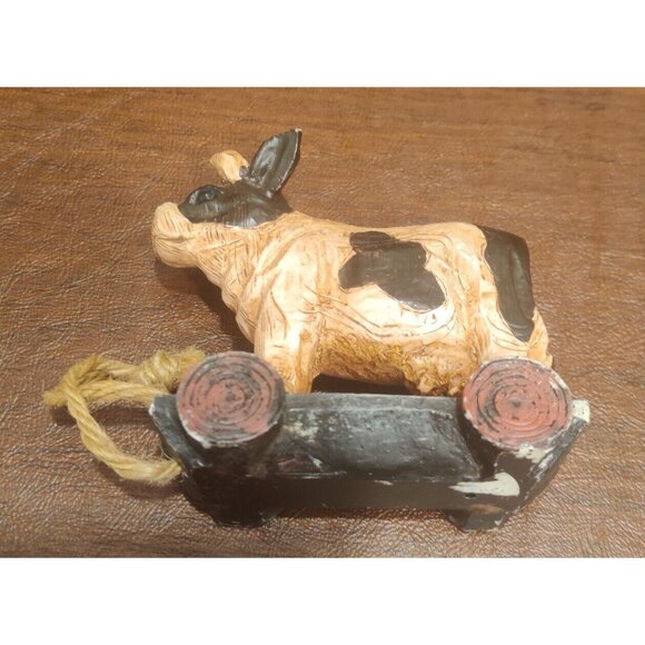 Rustic Plastic Wood-like Carved Black Spotted Cow on Pull Cart Farm Barn Decor - Picture 7 of 11